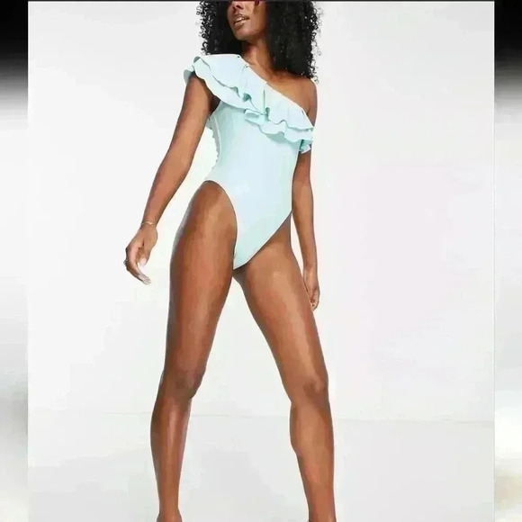 Tropic Frill One Shoulder Ruffle Swimsuit in Aqua - size medium - Picture 3 of 6